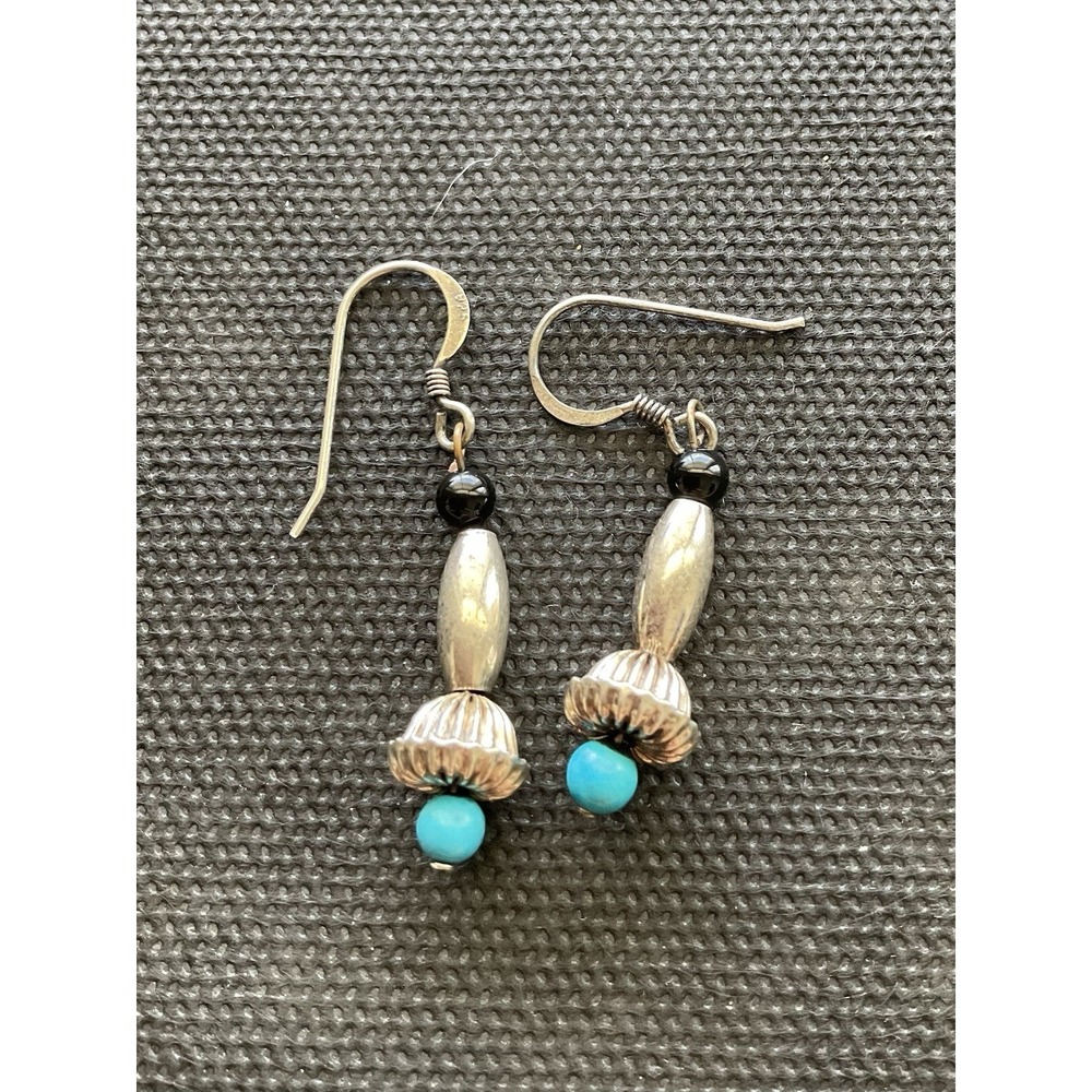 Navajo-style dangle earrings 925 Sterling Silver Onyx & Turquoise Bead Vintage